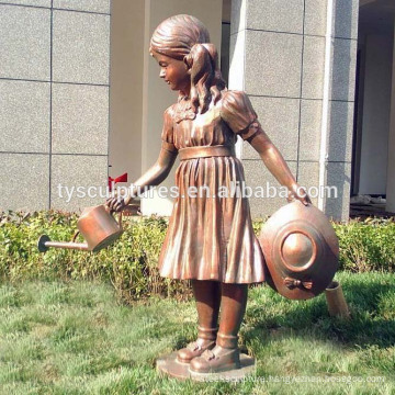 Modern sculpture decorative life size cooper little girl watering flowers statue for garden